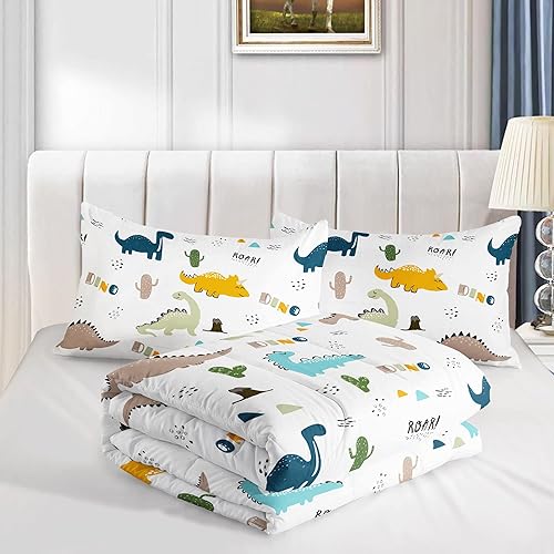 Miniatura 4 de Juego de edredón Kawaii para niños, juego de ropa de cama con estampado de dinosaurio lindo de dibujos animados para niños y niñas con 1 edredón y 2