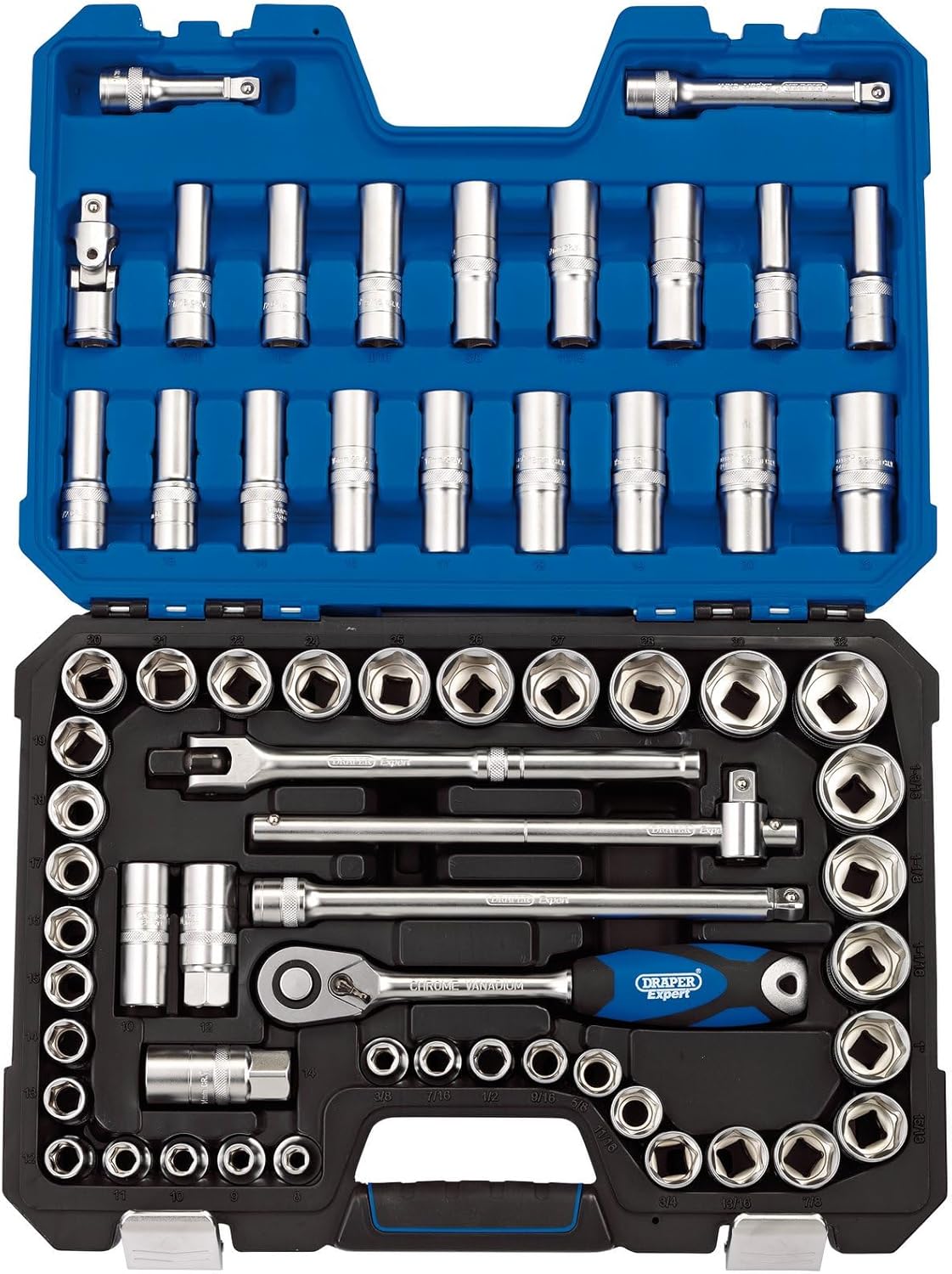 Draper 16456 1/2-Inch Square Drive Combined MM/AF 63 Piece Socket Set, Blue