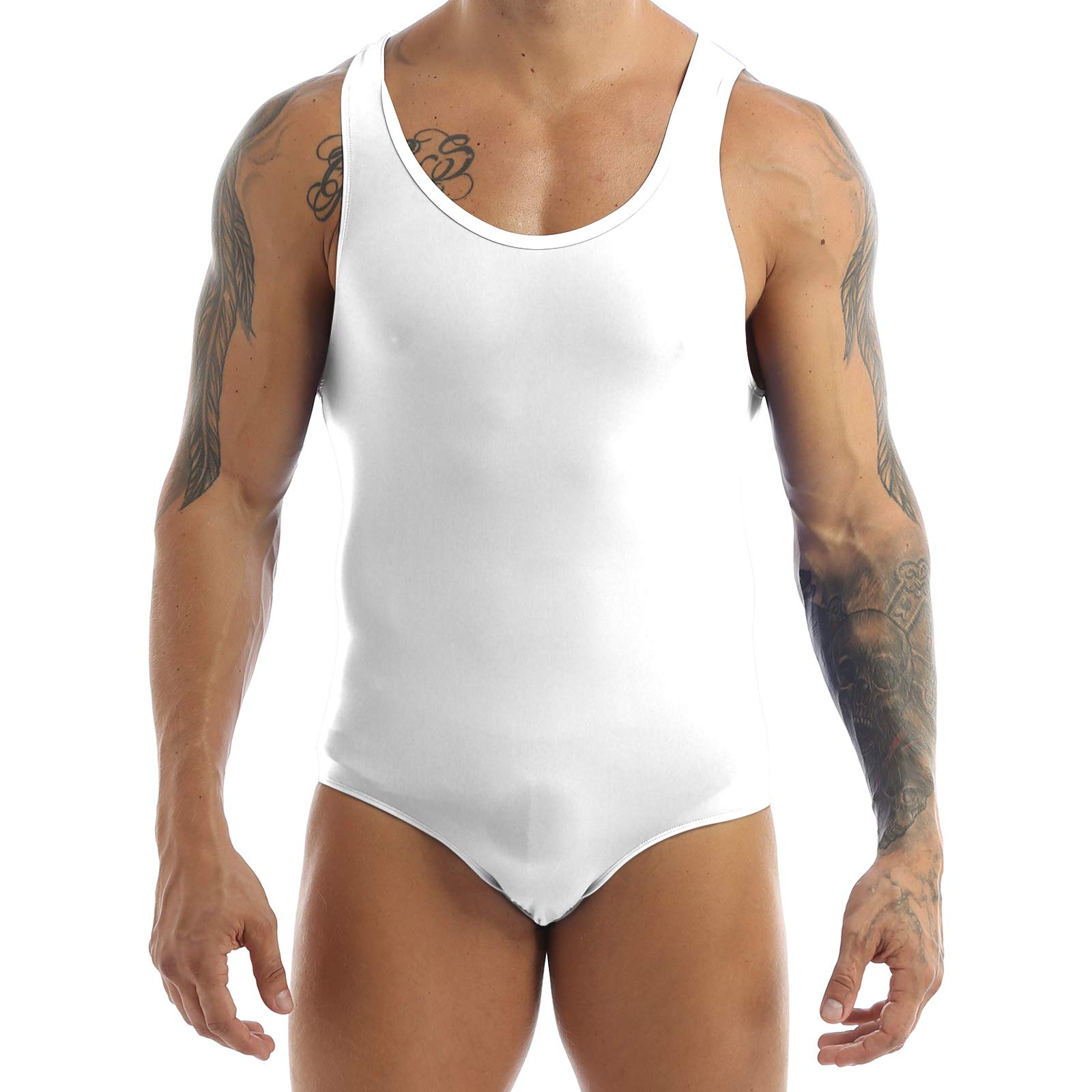 JanJean Men's One Piece Elastic Wrestling Singlet Gymnastics Leotard Bodysuit Tank Underwear Swimwear White Large