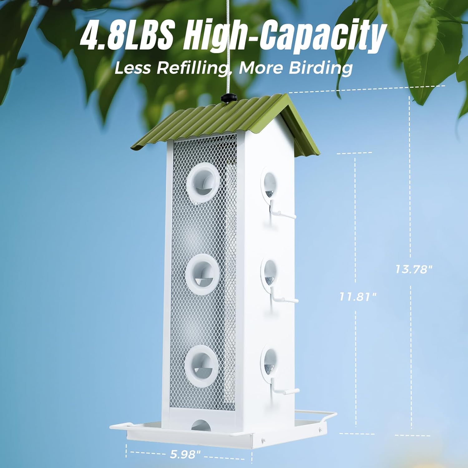 All Metal Bird Feeder for Outdoors Hanging | 14-Port Multi-Bird Viewing | Premium Finish, Waterproof & Easy-Clean | Attracts Cardinals, Finches, Chickadees & More (Crisp White & Green)