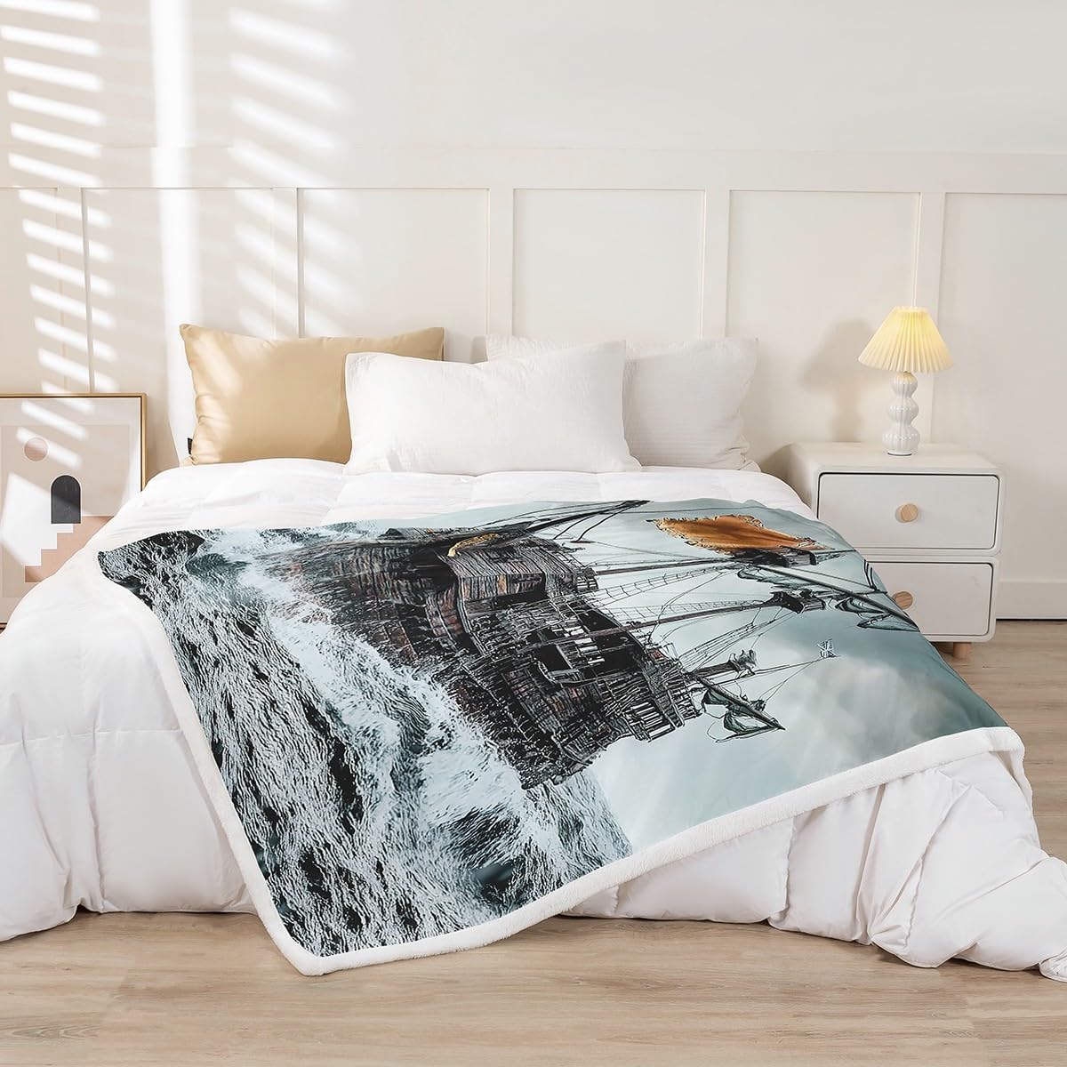 Sailboat Sherpa Blanket Nautical Fleece Blanket Sailing Ship Blanket Throw For Kids Boys Girls Wooden Boat Pirate Yacht Adventure Theme Fuzzy Blanket Bedroom Decor Sofa Decor Throw 50"x60"