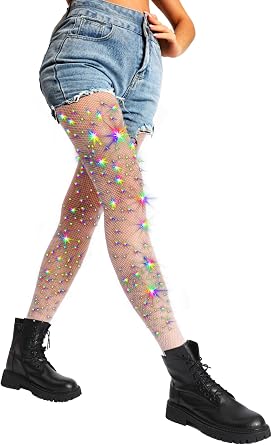 HONENNA Cowgirl Rhinestone Fishnet Tights & Sparkly Stockings for Women, Sexy Holographic Glitter Mesh Party Pantyhose