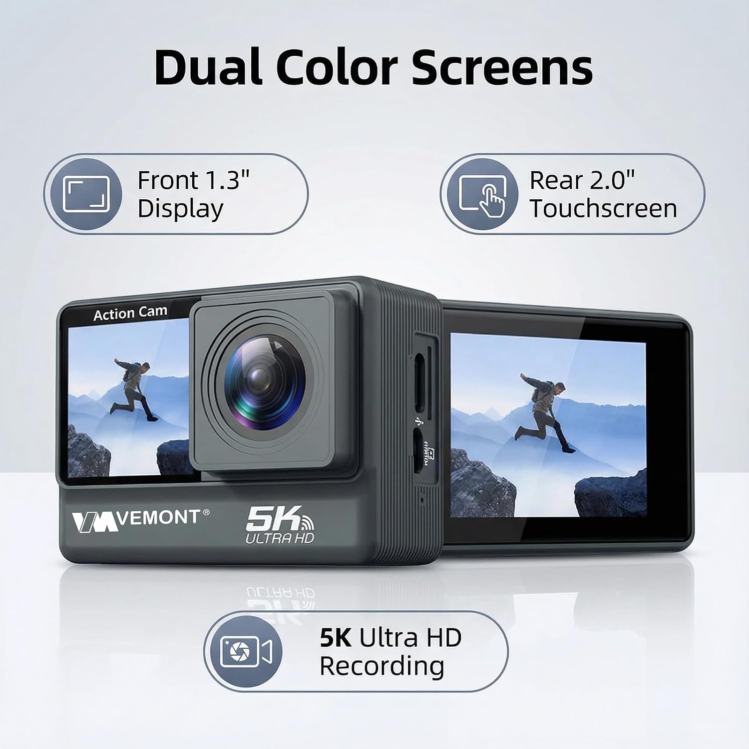 VEMONT Ultra HD 5K Action Camera with Dual Touch Screens, 30M Waterproof, Image Stabilization, WiFi, 50MP Photos – Ideal for Diving, Cycling, and Vlogging