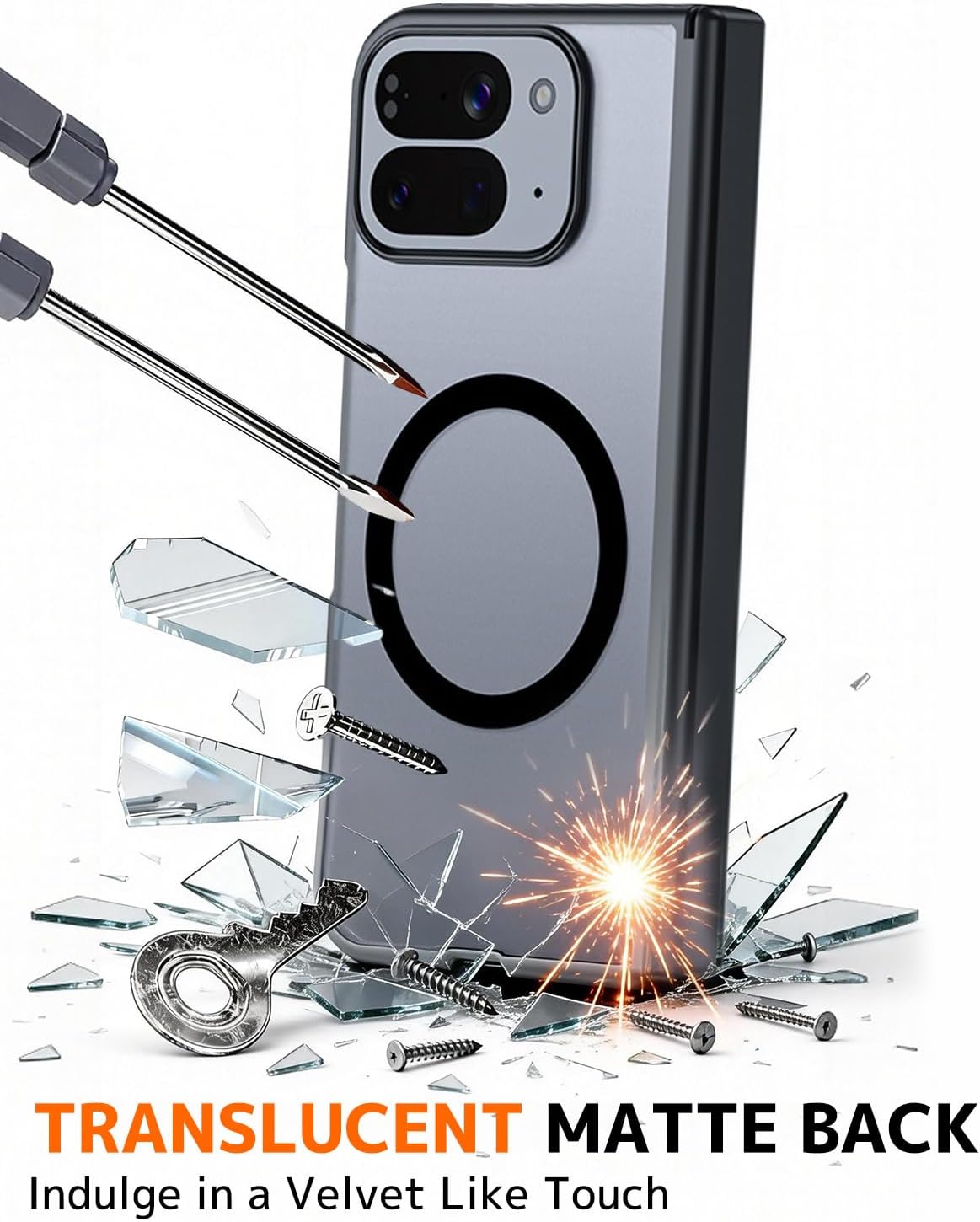 NINKI Translucent Case for Goole Pixel 10 Pro Fold with Screen Protector,[Compatible with Mag Safe] Matte Hinge Protective Camera Lens Protective Case for Pixel 10 Pro Fold Black