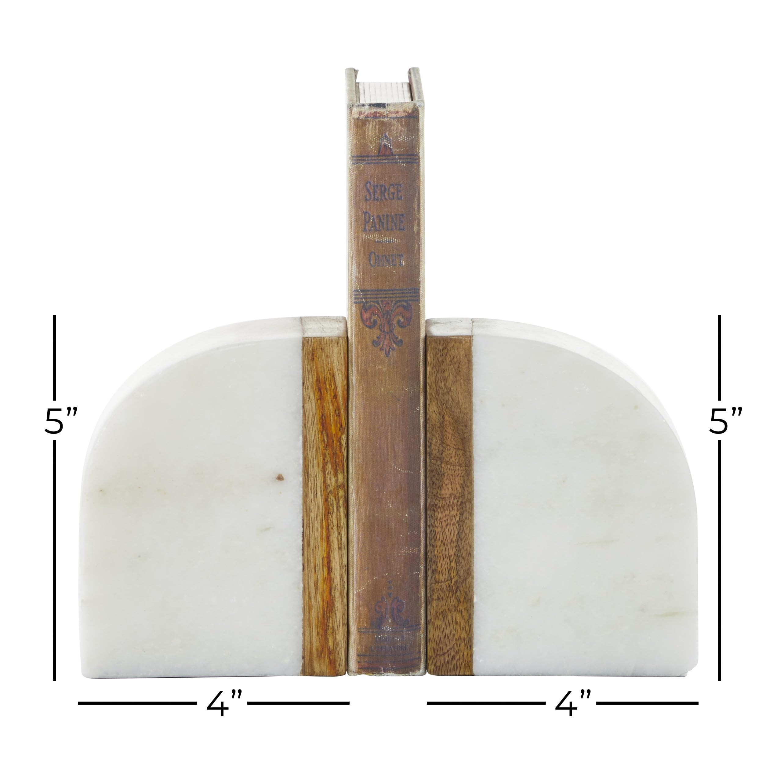 Deco 79 Sujetalibros de mármol con Detalles de Madera, Juego de 2, 4 Pulgadas de Ancho, 5 Pulgadas de Alto, Blanco