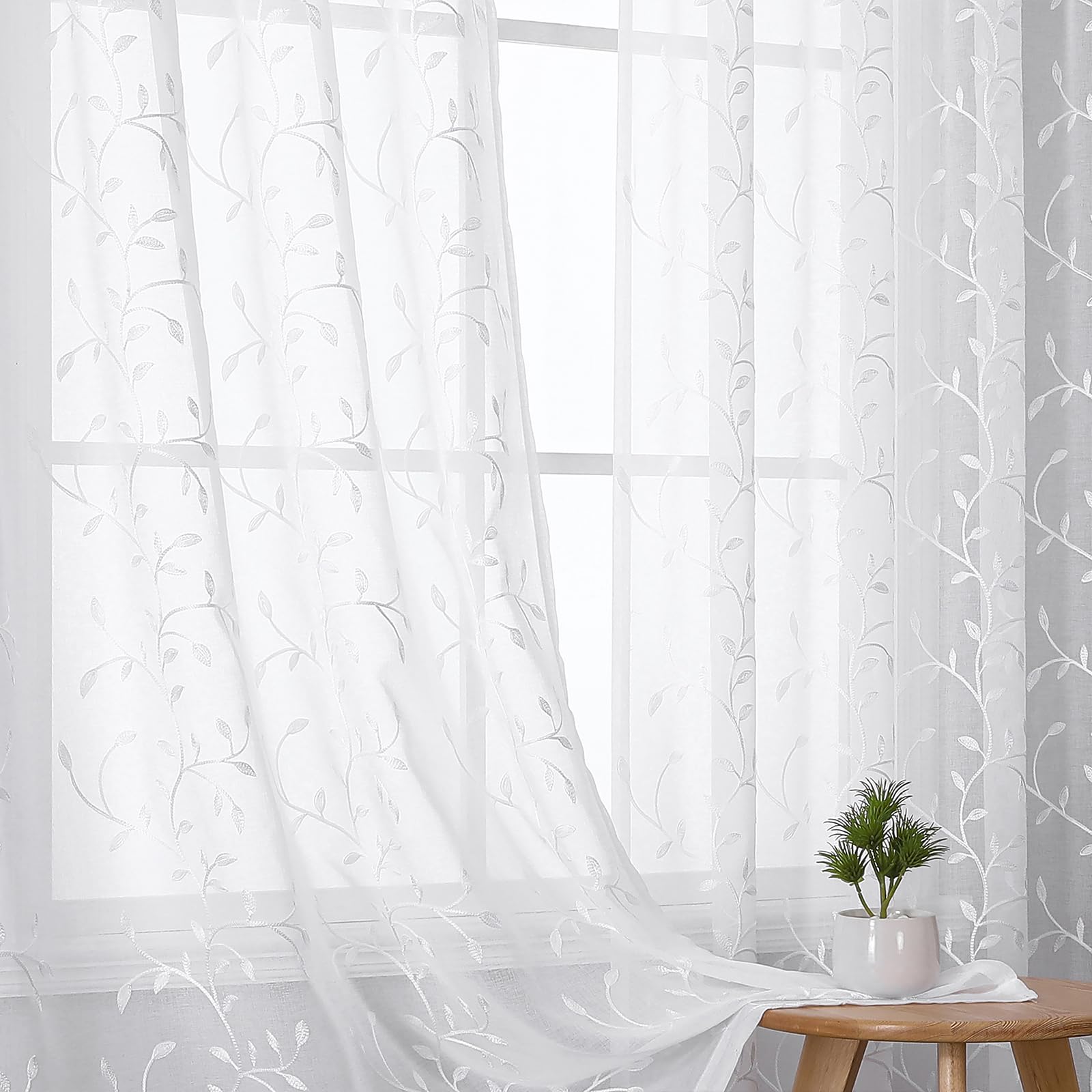 VISIONTEX White Sheer Voile Curtains, Decorative Beige Leaves Embroidery Faux Linen Rod Pocket Window Drapes for Home Kitchen, Living Room and Bedroom