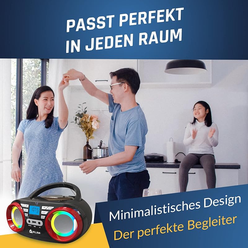 KLIM B3 Hordozható CD Lejátszó - Bluetooth, FM Rádió, MP3, USB, RGB LED - Újratölthető Boombox Digitális EQ-val - Kompakt Sztereó Hangzás
