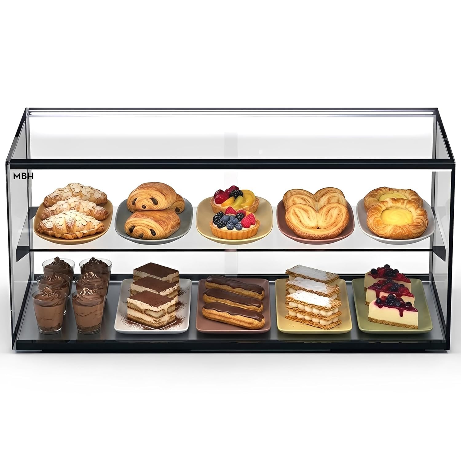 MBH - Vitrina Expositora Neutra de Sobremostrador 92x33 cm, Cristal Recto Templado, 2 Pisos, con Iluminación LED, Puertas Traseras Correderas, para Bar, Cafetería, Restaurante, Bollería y Repostería.