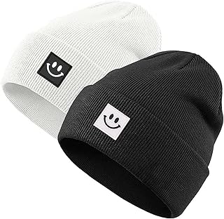 Azonee Smile Face Winter Beanie Hats for Men and Women Stretchy Warm Thick Soft Cap Slouchy Knit Hats