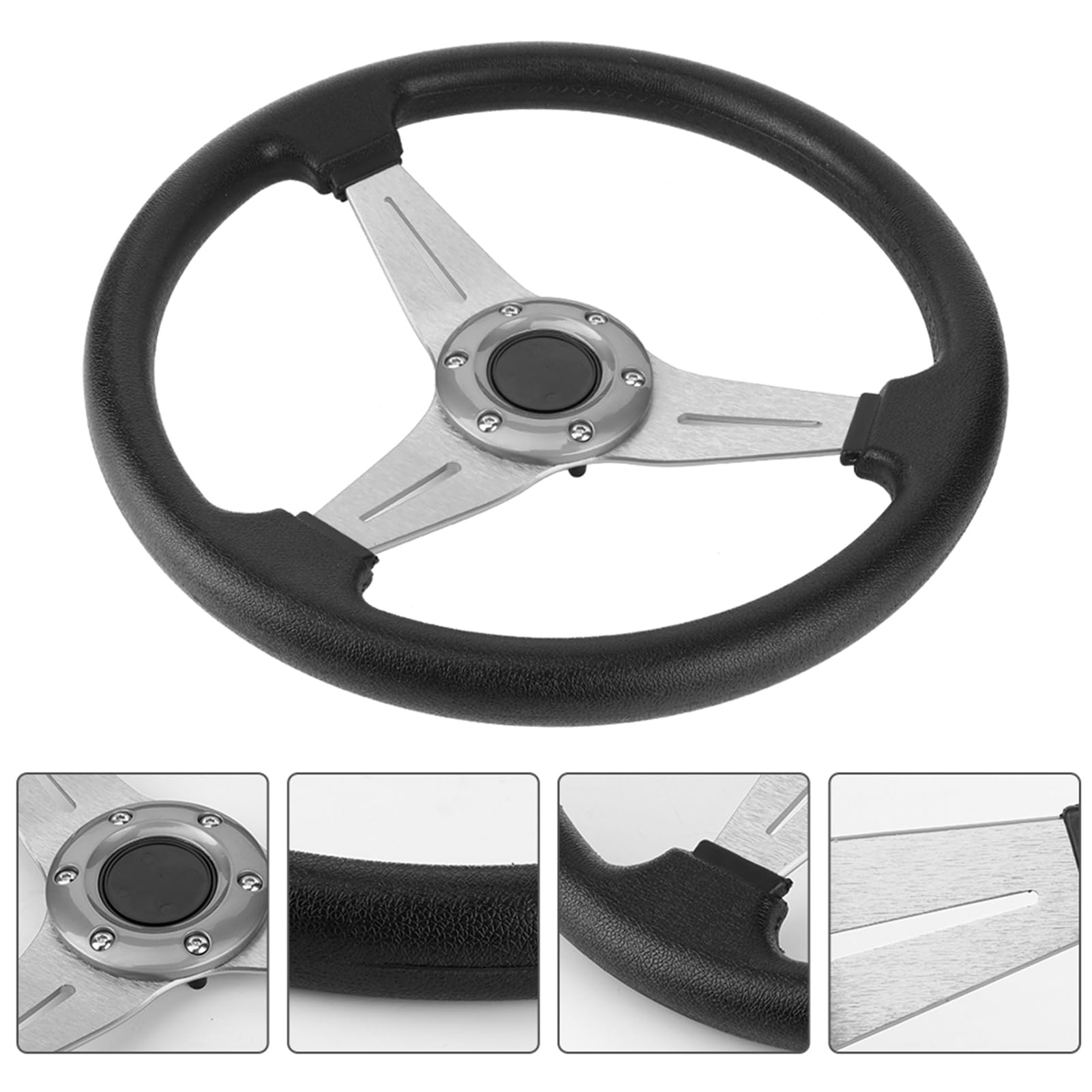 Volant de Course Universel 350mm 14 Pouces, Volant de Sport Drift en Alliage d'Aluminium Argent et Polyuréthane Noir, pour Course Automobile Rallye Simulateurs de Voiture