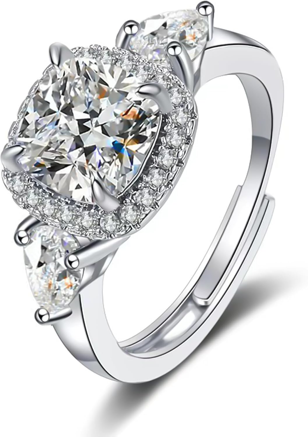 3 Stone Moissanite Adjustable Engagement Rings for Women 18K White Gold Plated 3CT Wedding Anniversary Promise Ring, Adjustable Size 6-10