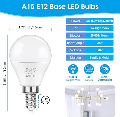 Vista 2 de MAXvolador Bombillas LED E12 de 60 W equivalentes a luz diurna blanca 5000 K, bombillas de ventilador de techo de 600 lúmenes, CRI 85+ bombillas