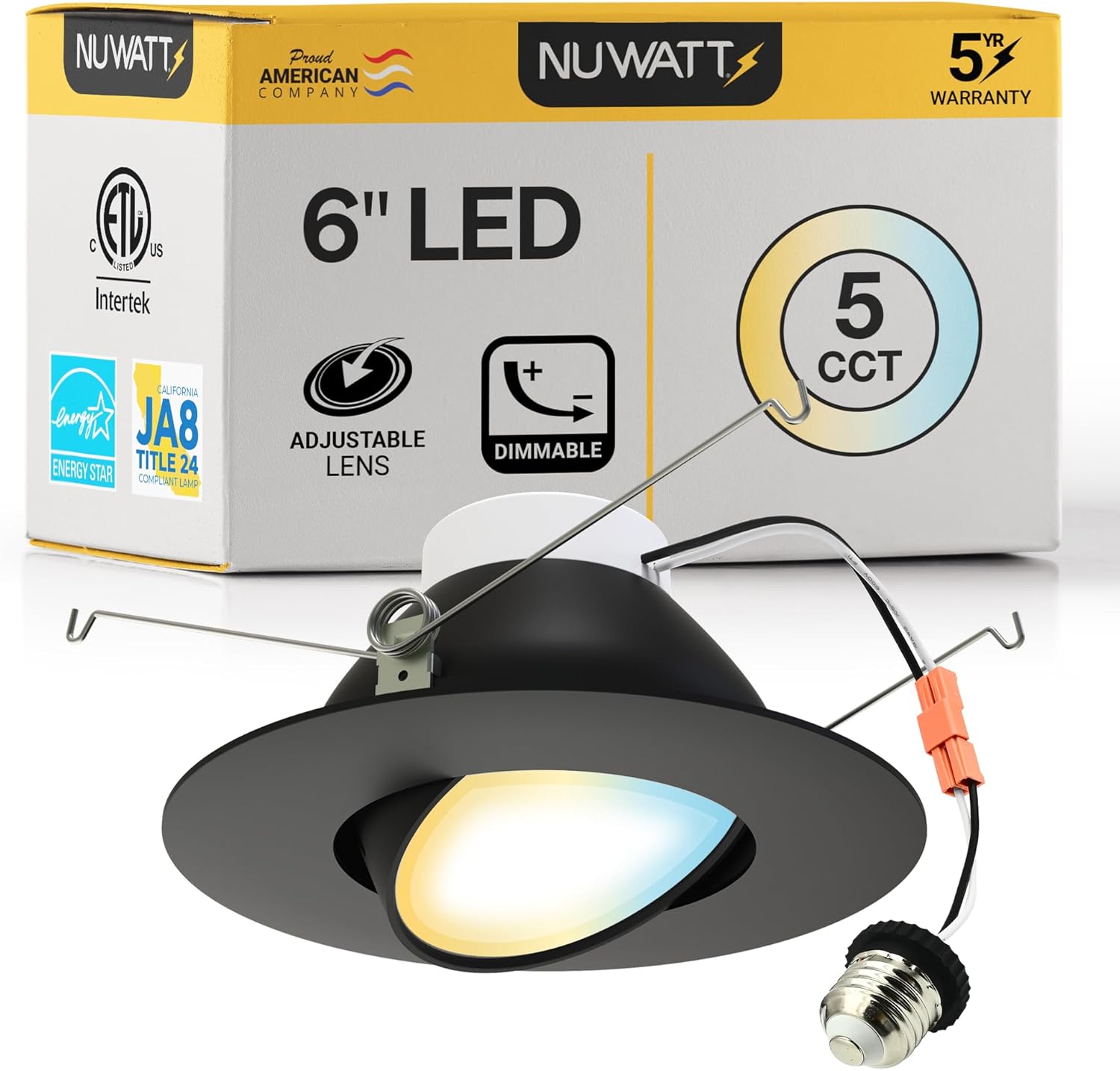 NUWATT 6 Inch Recessed Gimbal Downlight, Dimmable, 16.5 Watts, 1200 Lumens, 120V, 5CCT: 27K/30K/35K/40K/50K, CRI >90, ETL Listed, Black Finish