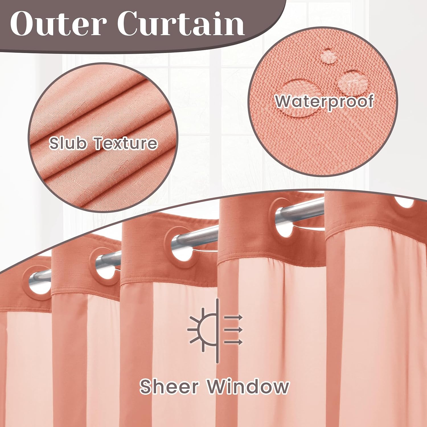 SORTTO No Hook Slub Textured Shower Curtain with Snap in Liner - Coral Fabric Outer Curtain & Waterproof Inner Liner, Hotel Style with See Through Top Window, 71x74 in