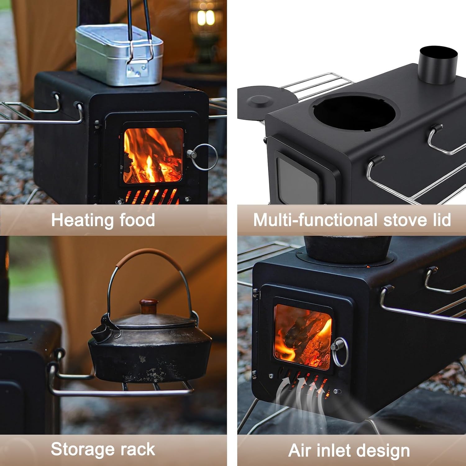 Foldable Tent Stove, Portable Camping Stove, for Heating Cooking, with Chimney Pipes and Chimney Cap, for Hiking, Ice Fishing, Travel