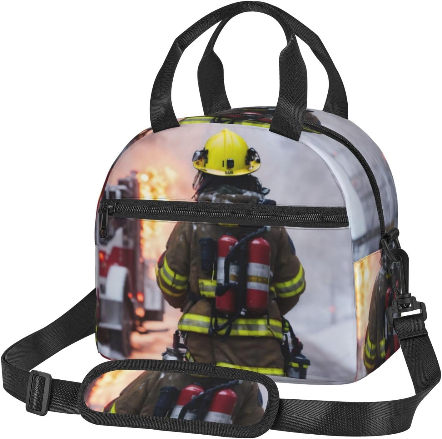 Firefighter Fireman Flame Print Reusable Lunch Bag Insulated Lunch Boxes for Office Work Picnic Tote Bag Adjustable