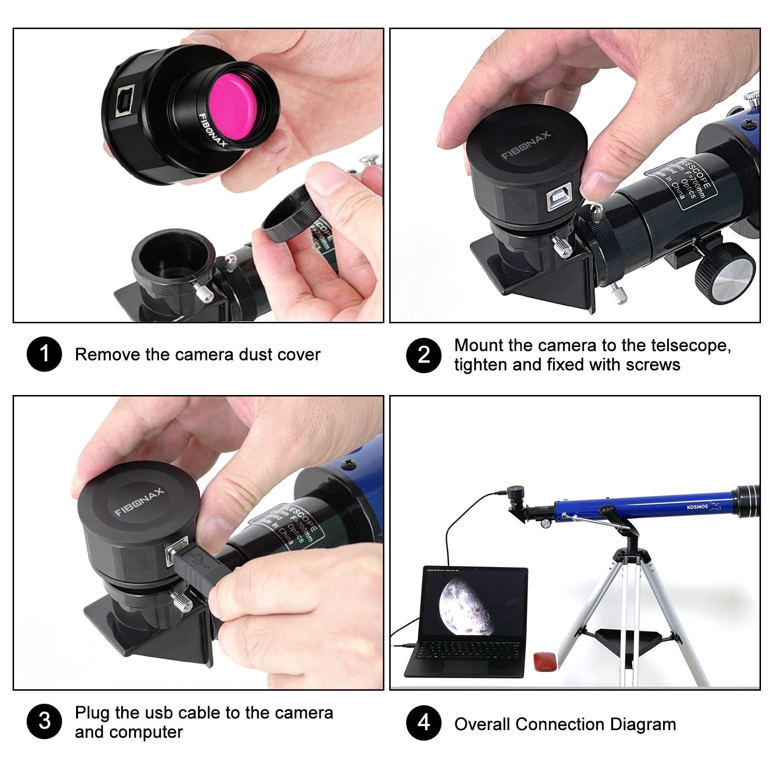 Nova200 Caméra télescope USB 1080p avec oculaire électronique 3,25 cm avec filtre UV IR amovible Plug and Play UVC Plug and Play, prise en charge du pilote ASCOM pour imagerie planétaire