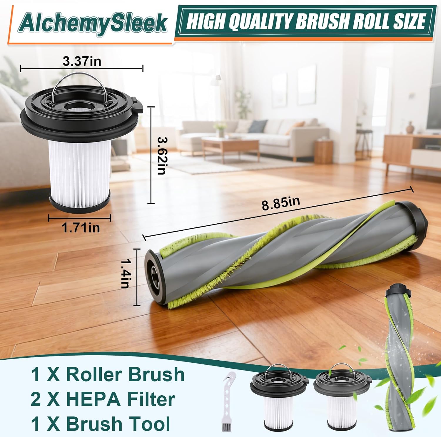 3797V Replacement Roll Brush for Bissell Cleanview XR Pet 300W / CleanView XR 200W / Powerlifter Turbo Cordless Stick Vacuum, Models 3789X, 3789U, 3789, 3797V, 3797, 3797W, 1 Green Roll and 2 Filters