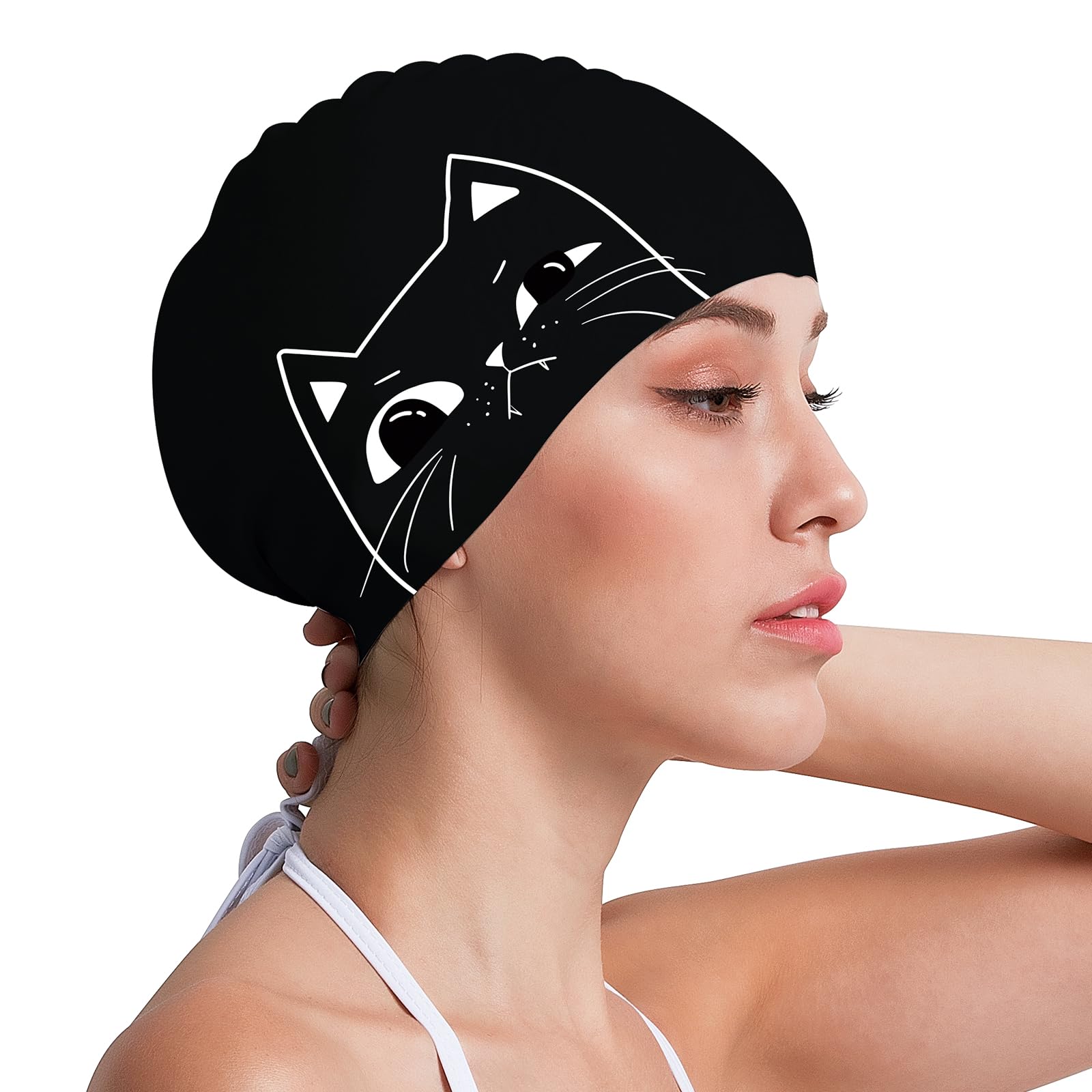 COPOZZ Women‘s Swim Cap for All Hair - Large, Comfortable Silicone Swimming Cap, Waterproof Design for Long, Short, Thick & Curly Hair | Secure & Comfortable Fit (Winking Cat-12yrs+)