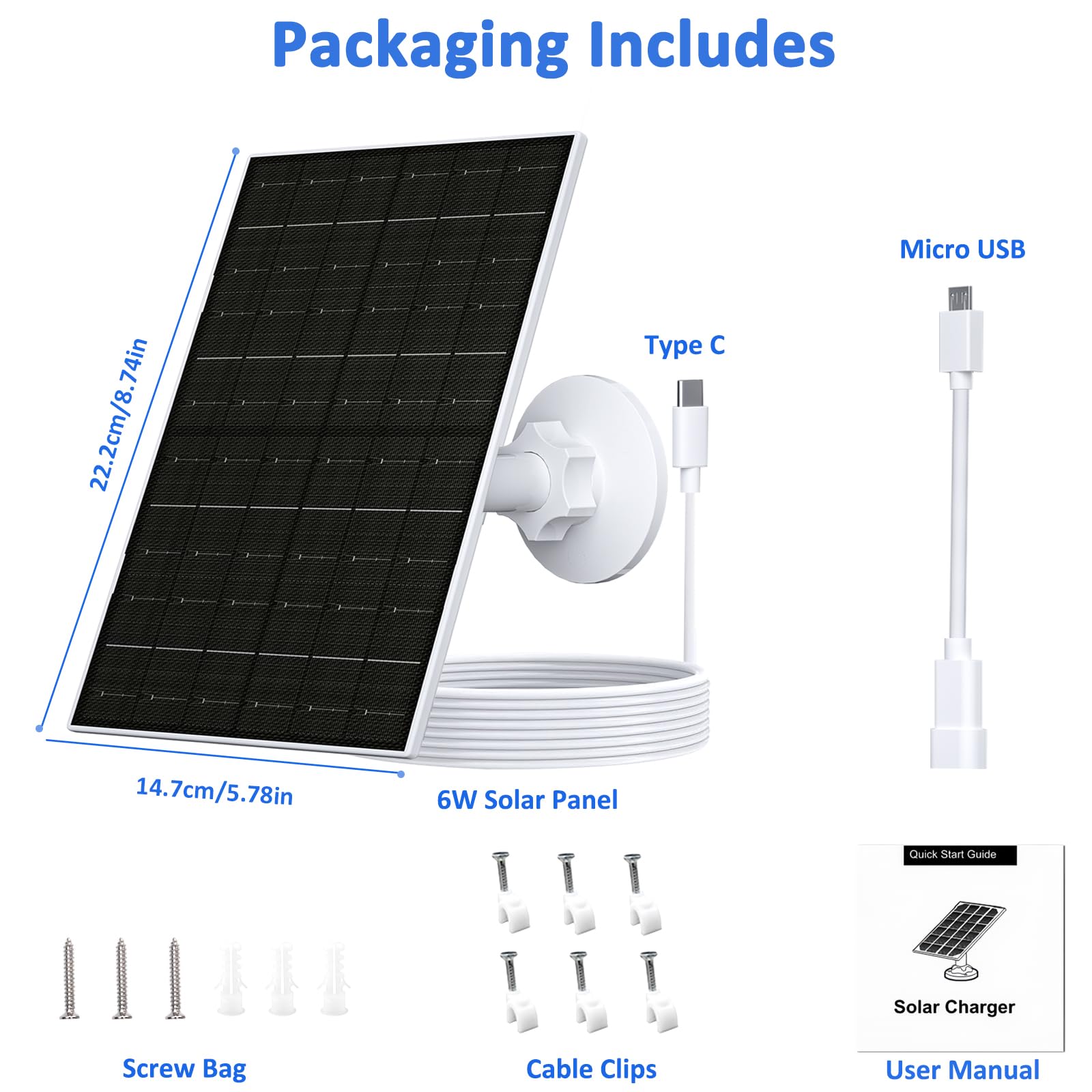 FUTUREZEN Panel słoneczny 6 W do kamery Arlo, ładowarka solarna kompatybilna z aparatami Arlo Essential 2K (2. generacji), Essential XL i Spotlight, wtyczka USB C i Micro USB, wodoodporność IP66