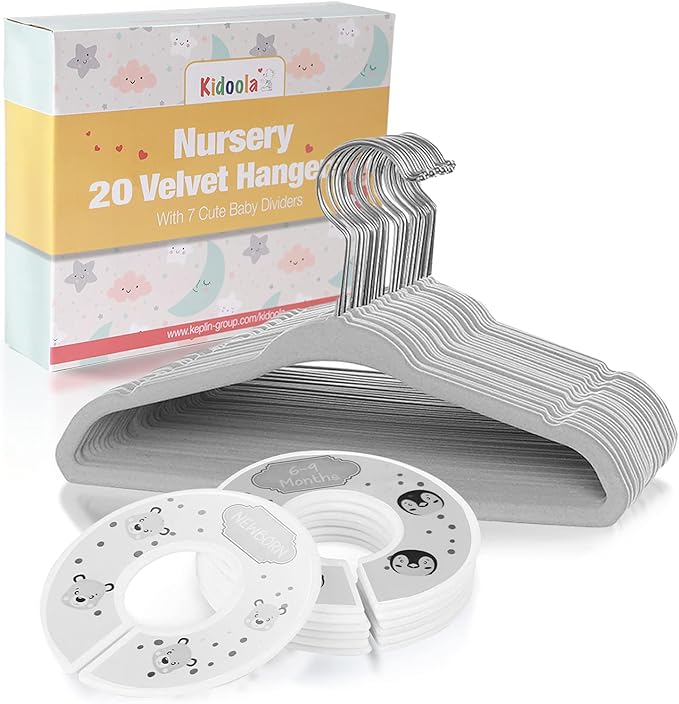 20 Velvet Baby Hangers with 7 Organiser Wardrobe Dividers, Nursery Coat