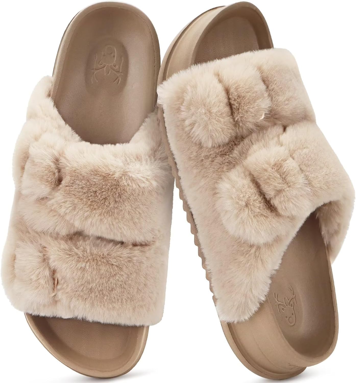 KuaiLu Womens Orthotic Slides Fuzzy House Slipper for Woman Open Toe Fluff Slippers with Arch Support Ladies Fashion Platform Soft Cushion Recovery Sandals Size 8