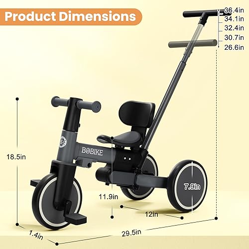 Miniatura 8 de Bobike Triciclo 5 en 1 para niños pequeños de 18 meses a 5 años, triciclo para niños con mango de empuje y respaldo, bicicleta de equilibrio para