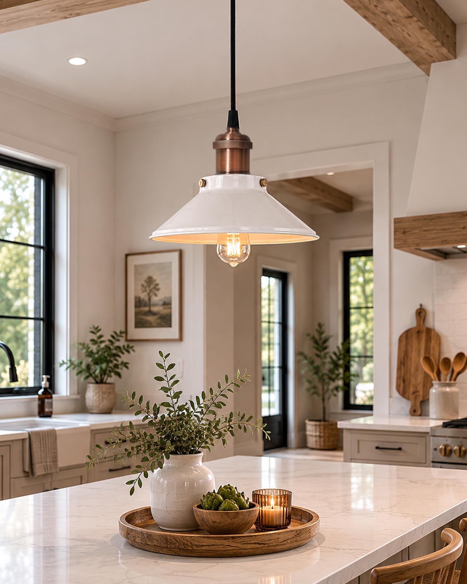 HomesakeยฎSingle White Cone Pendant with Antique Copper Holder, E27, Modern Nordic Hanging Ceiling Light (Bulb Included)