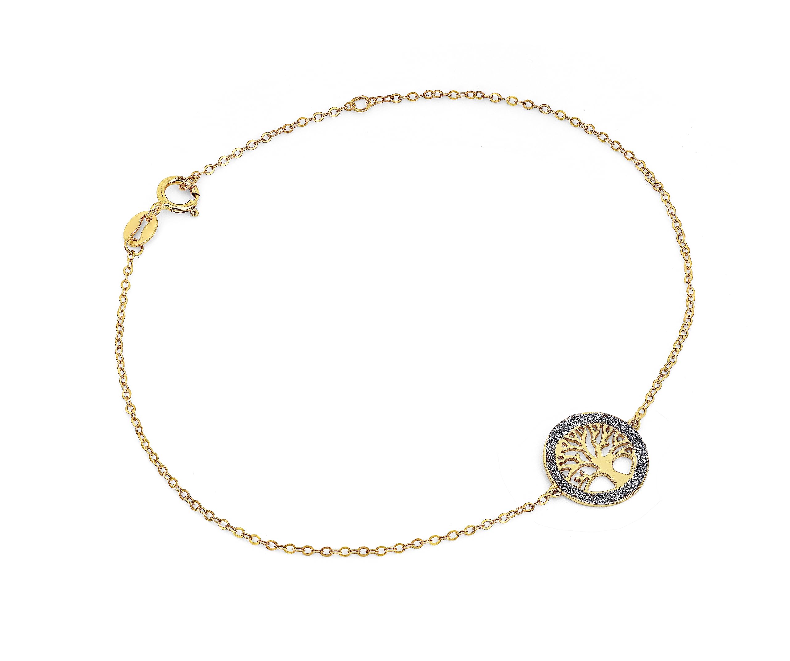 Bracciale Con Pendente Legato Alla Catena A Forma Di Cerchio Con Racchiuso Un Albero Smaltato in Grigio Diamantato Da Donna 9kt Placcato Oro 18kt, MADE IN ITALY