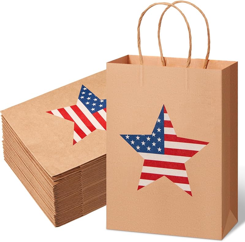 Gueevin 48 Pcs Kraft Patriotic Gift Bags with Handles 4th of July Paper Gift Bags American Flag Star Treat Candy Goodie Paper Bag for Independence Day Party Supplies