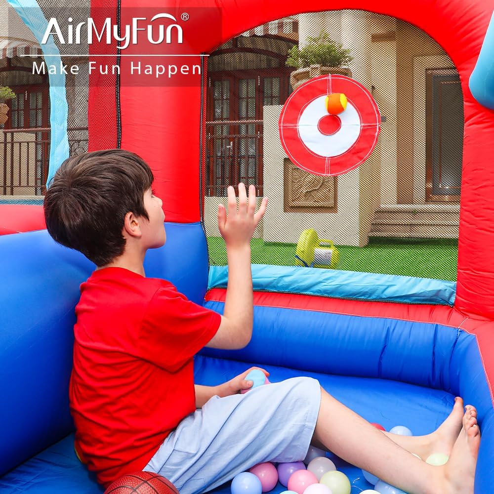 AirMyFun Inflatable Bounce House, Bouncy House with Slide,Indoor Outdoor Bounce House with Ball Pit,Basketball Hoop,Target Balls and Boxing,Inflatable Bouncer for Party