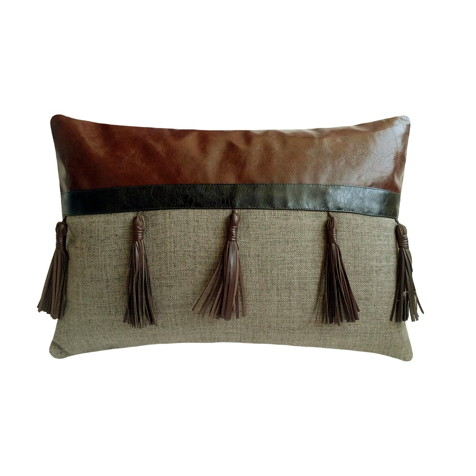 The HomeCentric Decorative Brown Pack of 2, 30x60 cm (12"x24") Lumbar Cushion Covers, Faux Leather Tassels Trim, Cowboy, Horse & Lounge Lumbar Cushion Covers, Patchwork Modern Style - Royal Oak โ image 1