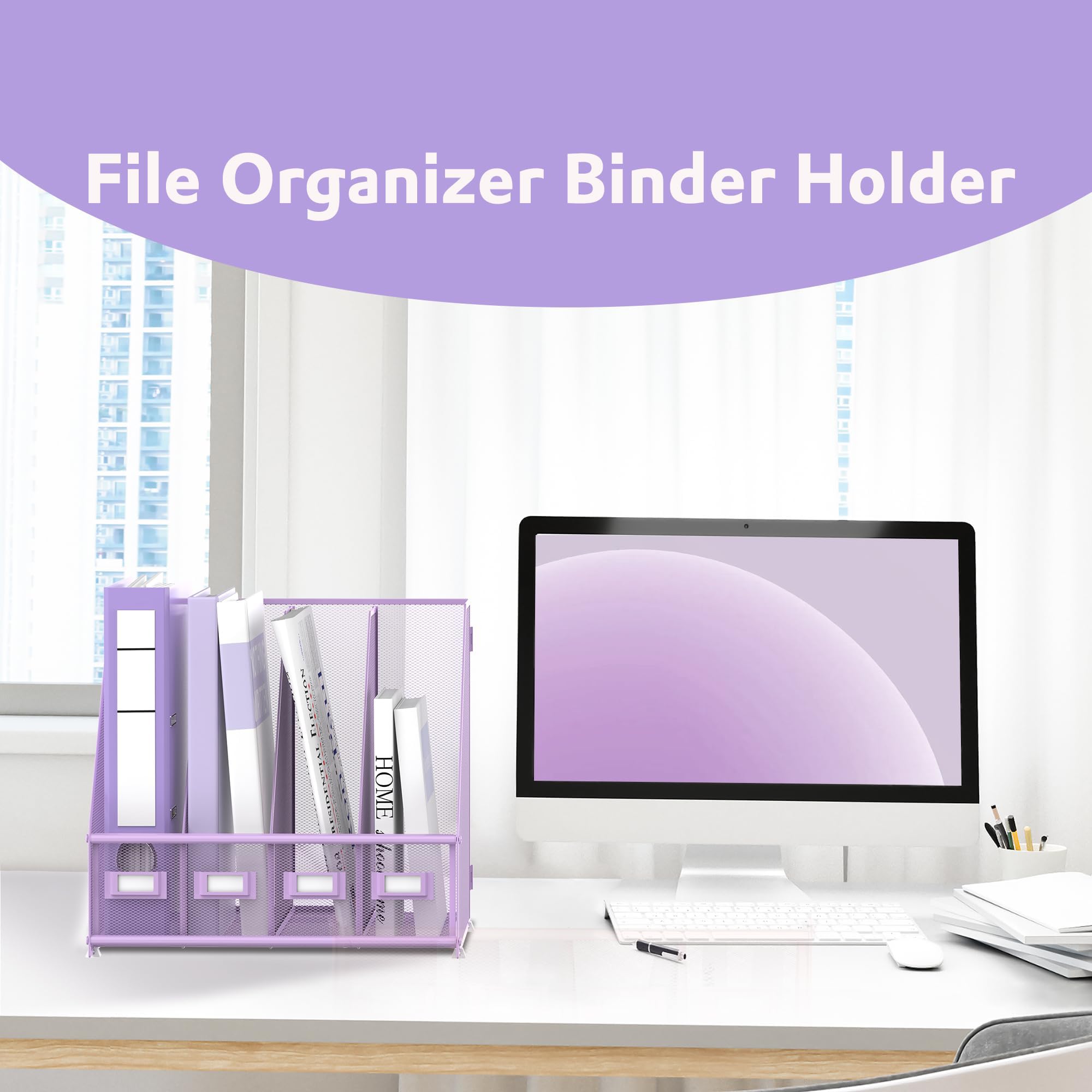 SUPEASY Magazin Datei Halter Schreibtisch Organizer, Metall Binder Halter mit 4 vertikalen Fächern für Büro Home School, Lila