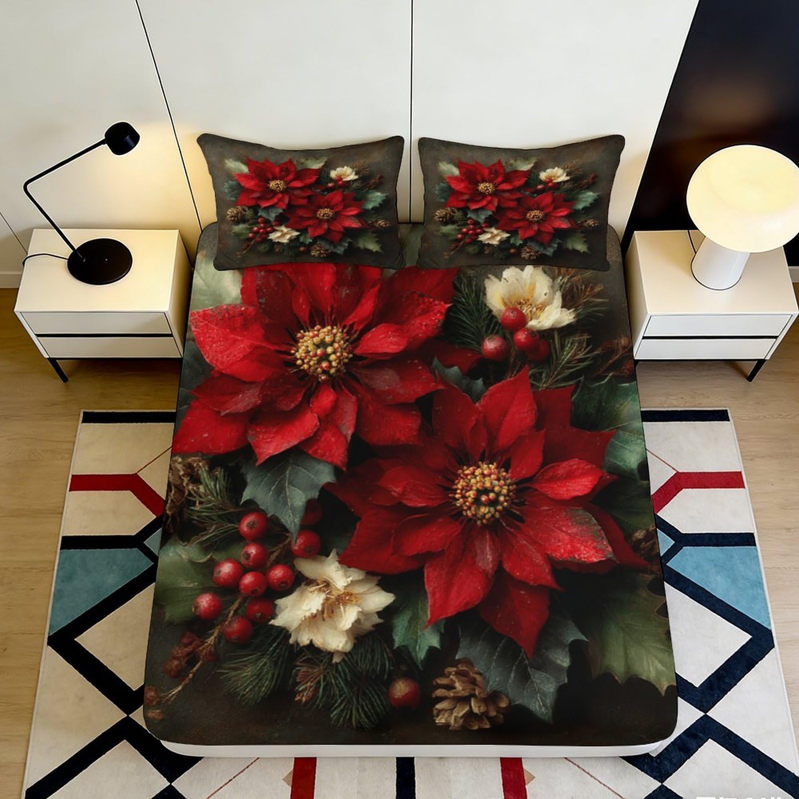 3D Printed Red Poinsettia Fitted Sheet Microfiber Christmas Floral Bed Cover for Bedroom Guest Room Decor 90x200x25cm
