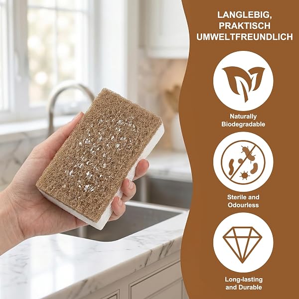 6 Pièces Éponge de Cuisine Naturelle Biodégradable, Éponge à Vaisselle en Cellulose et Noix de Coco, Eponge Naturelle Vaisselle, pour Poêles Antiadhésives, Nettoyer la Cuisine et la Salle de Bain - 3