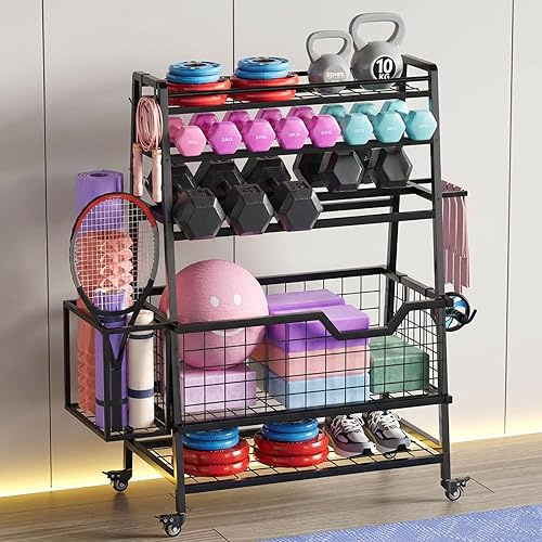 Vista 10 de Estante de mancuernas de doble cara con ganchos y ruedas, estante de almacenamiento ajustable para gimnasio en casa para mancuernas, pesas rusas