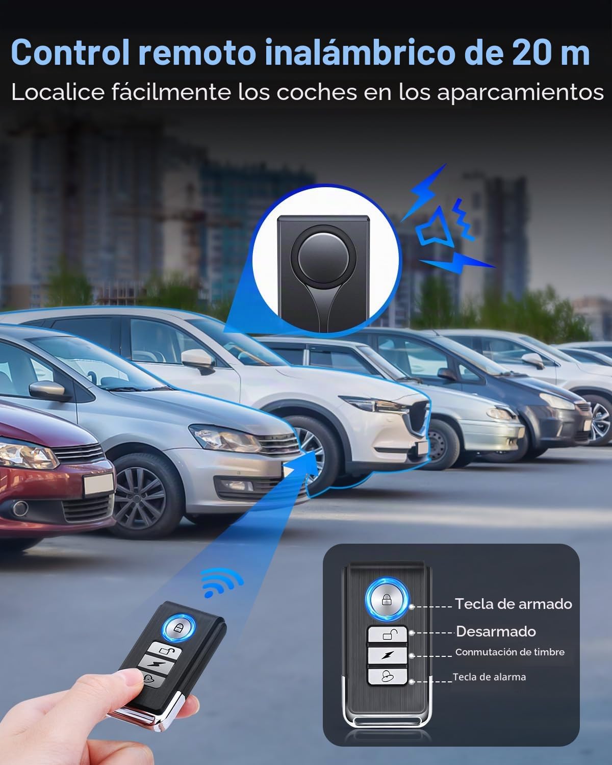 Sistema de alarma de coche de 108 dB, alarma antirrobo con sensor de vibración y alarma de luz roja, dispositivo remoto inalámbrico antirrobo con diseño de instalación magnética para coche, camión (2