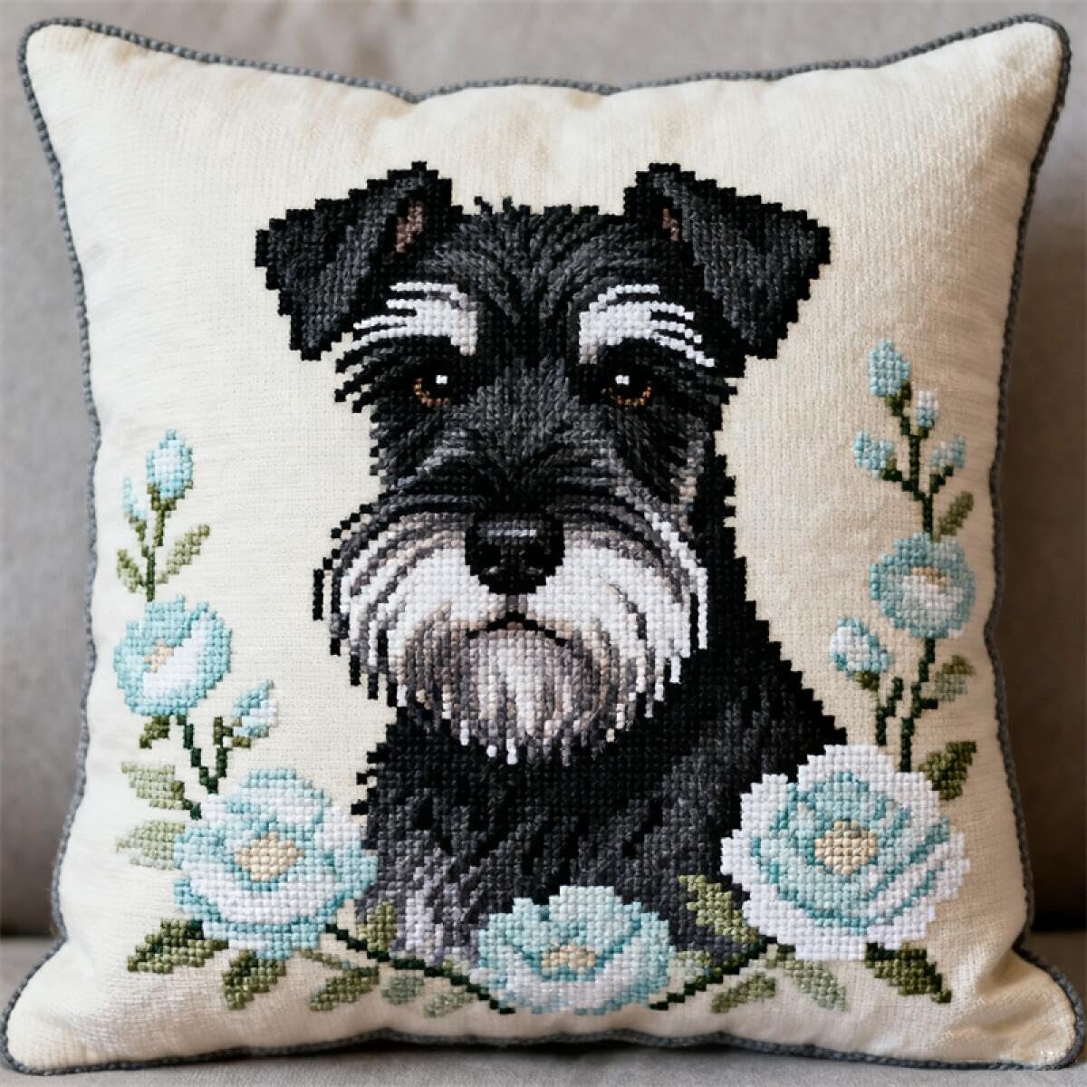 Henypt E Cross Stitch Pillow Kit Schnauzer Dog Animal Diy Cushion Mbroidery Kit Needlepoint Handmad Needlework Cushions Kits Stitched Pillow Cover Set For Adults Beginners 45X45cm