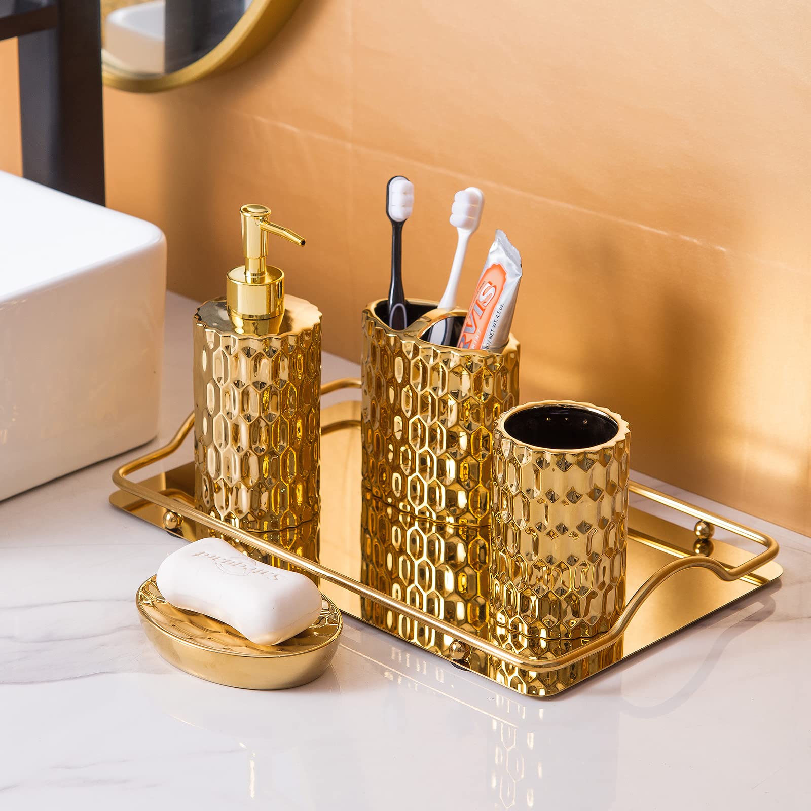 4-Piece Ceramic Bathroom Accessory Set - Honeycomb Geometric Design, Soap Dispenser, Toothbrush Holder, Cup & Dish, Blue - View #7