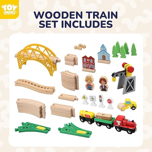 Miniatura 7 de TOY Life Juego de tren de madera, 60 piezas con grúa magnética, juguetes de madera para niños y niñas de 3, 4, 5, 3 años, juguetes de madera para