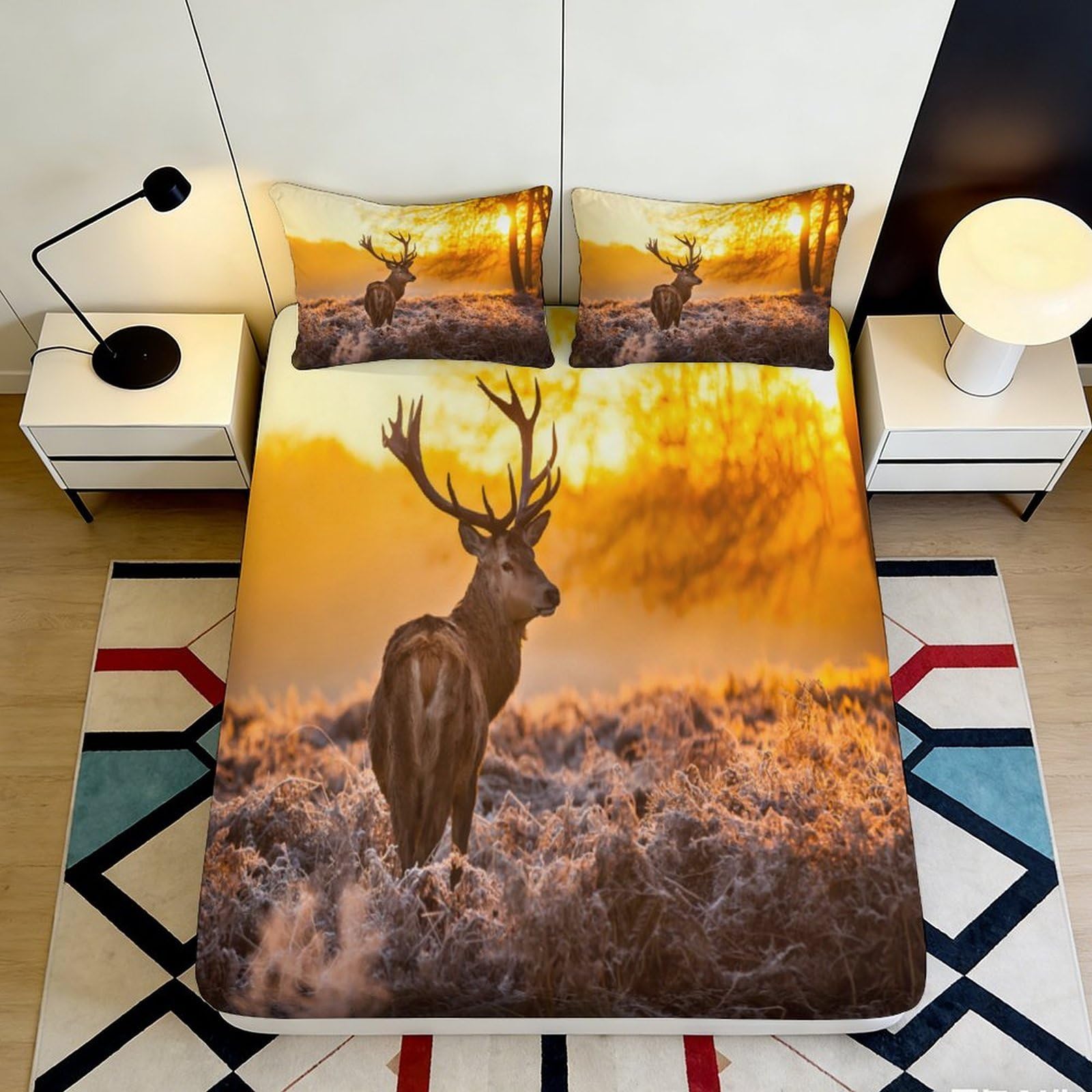 3D Printed Deer Pattern Fitted Sheet Microfiber Soft Durable 3D Printed Sunset Landscape Mattress Cover for Bedroom Dormitory Guest Room Protection 180x200x25cm