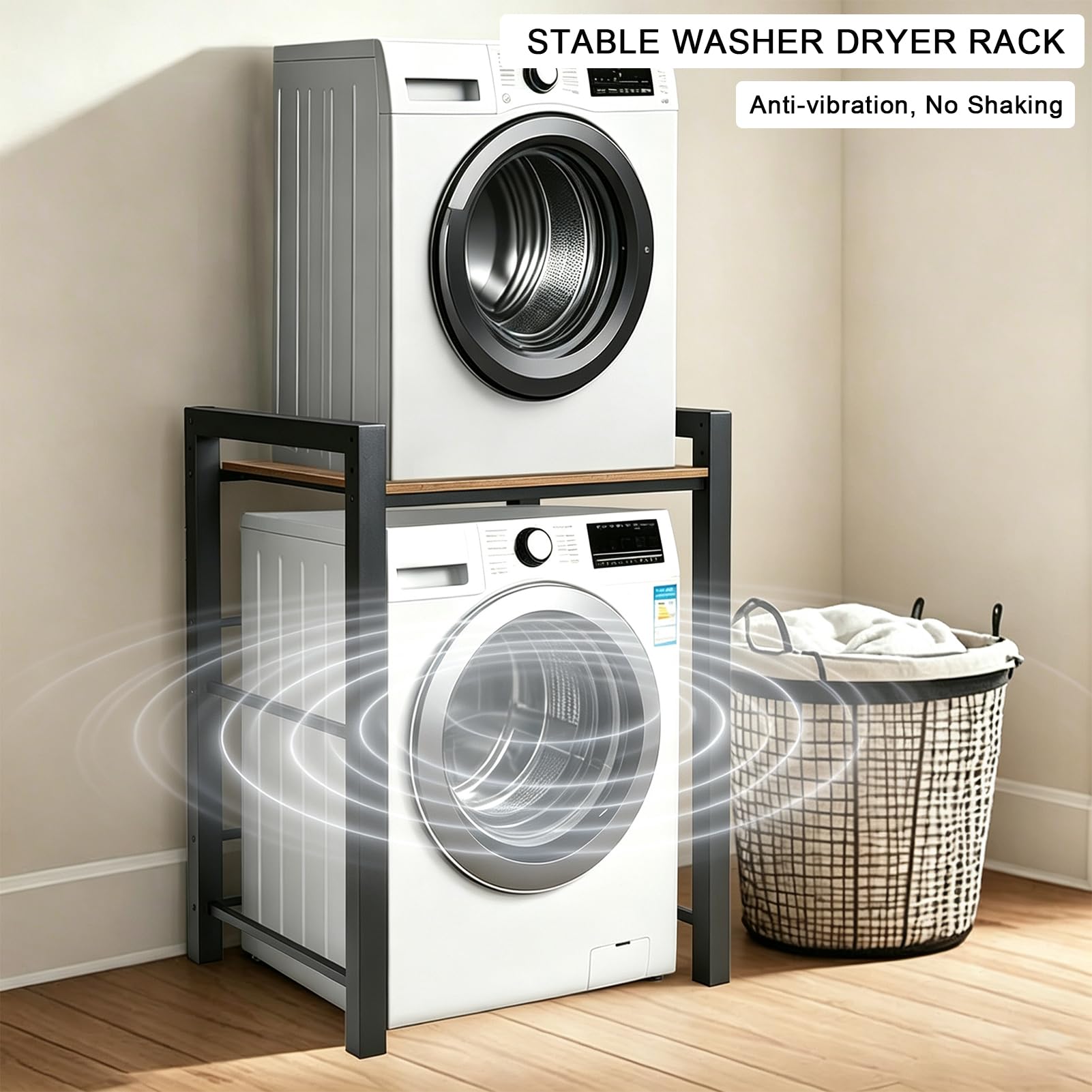 Mueble para Lavadora y Secadora, Soporte Estanteria Torre Lavadora Secadora, Kit de Apilado, Capacidad de Carga 350kg, 75 * 65 * 104cm Negro