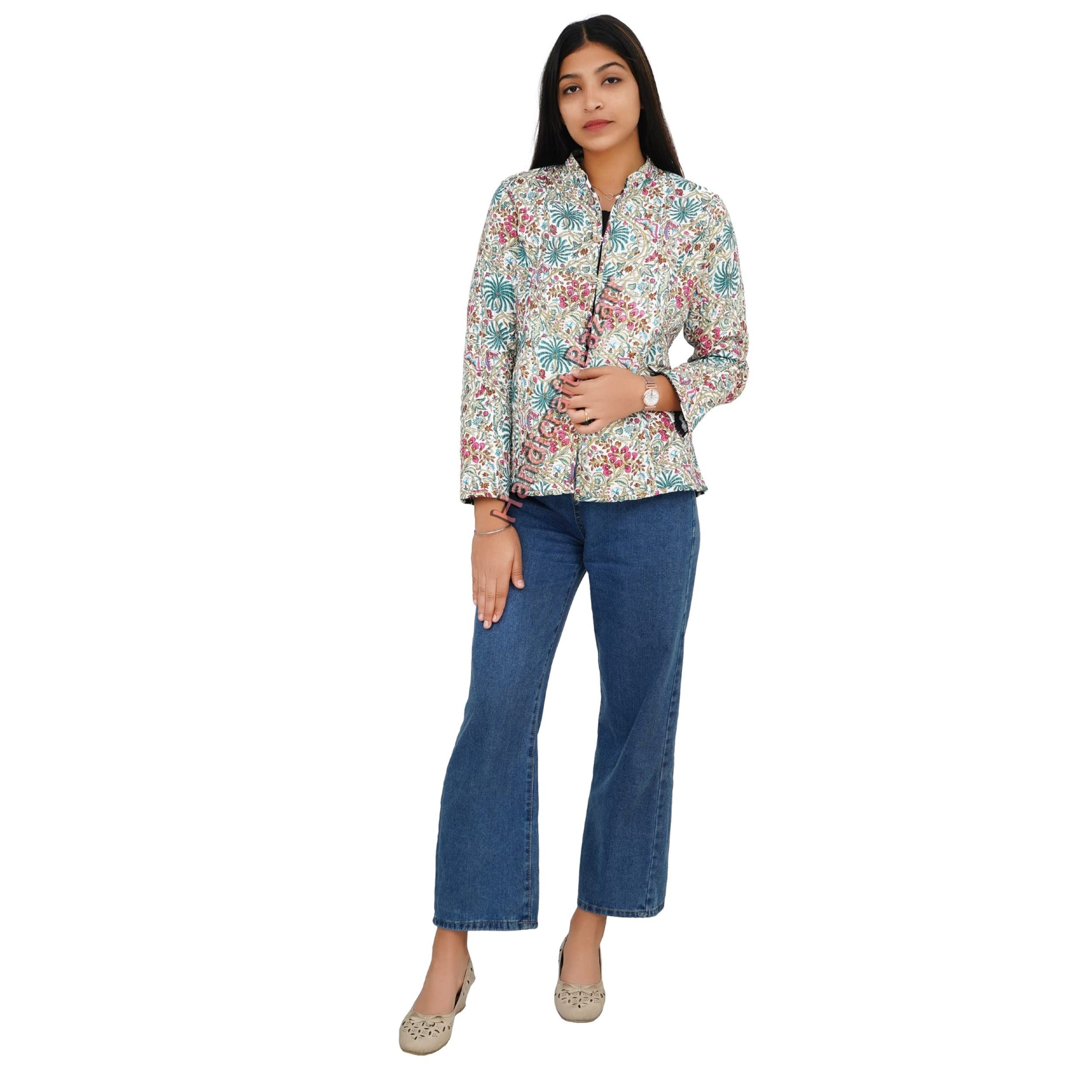 handicraft bazarr Cotton Jacket For Women Kantha Quilted Reversible Coat Mandarin Collar Top Wear Blazer L-Size-picture-2