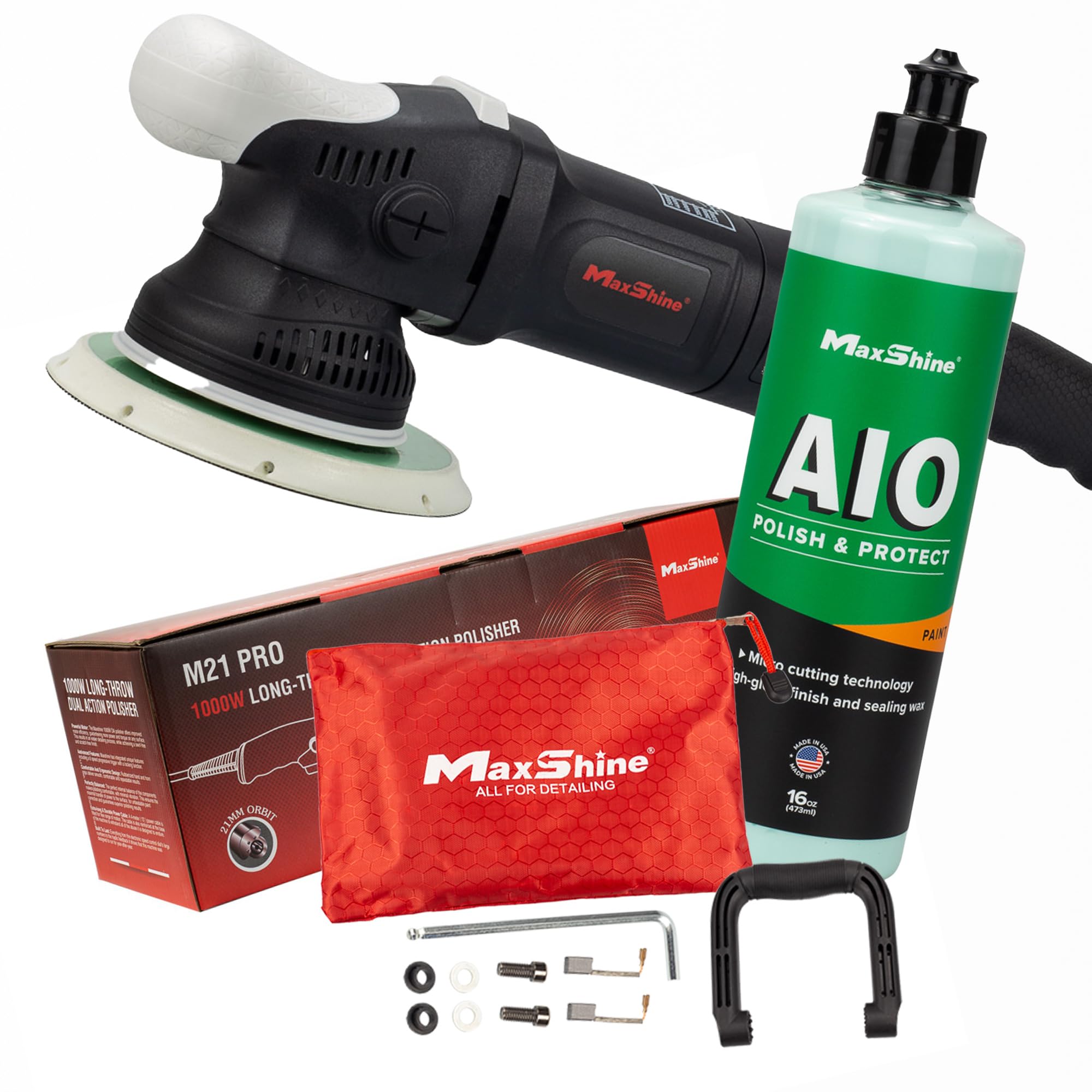 Maxshine 21mm, 6" Plate M21 Pro Dual Action Polisher & 16oz AIO Polish - 6-Speed, 5/16”-24 Thread - Auto Detailing Tool for Buffing, Paint Protection, Swirl & Scratch Repair, Glossy Shine, Restoration