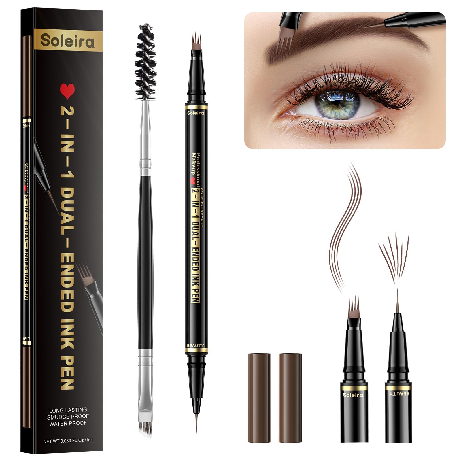 Eyebrow Pen, Soleira Waterproof Eyebrow Pencil with 4 Tip Microblading Eyebrow Pen and Dual-ended Eyebrow Brush, for Natural-Looking Brows,