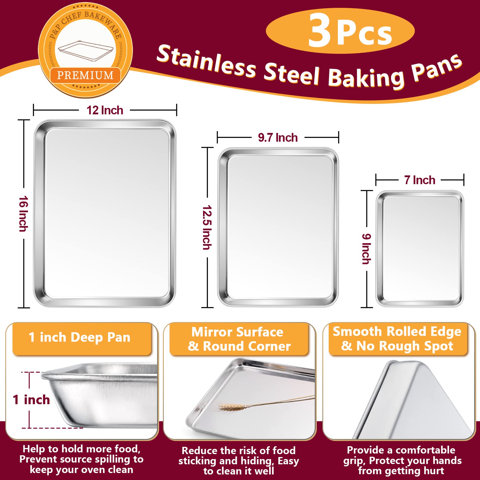 P&P CHEF Sartenes para hornear con estantes (6, 16 + 12.5 + 9 pulgadas)