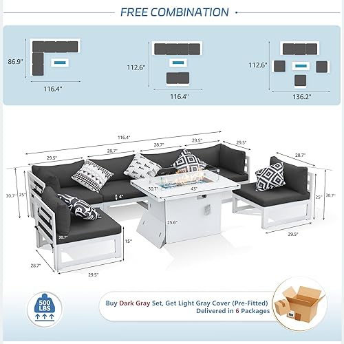 Miniatura 735 de NICESOUL 7 Piece White Powder-Coated Aluminum Patio Furniture with Fire Pit Table, 29 Inch Extra Wide Outdoor Sectional Sofa for 6, High-End Heavy