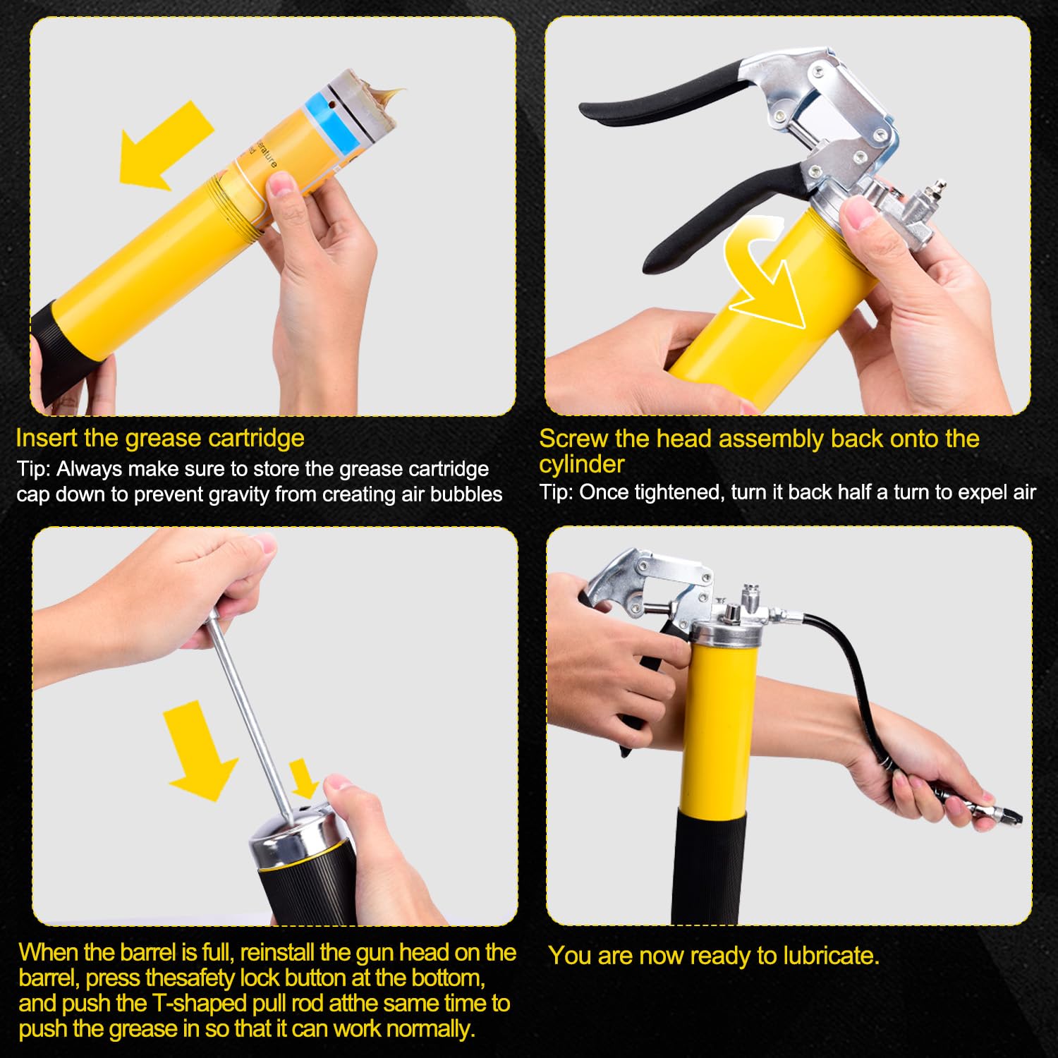 Grease Gun Kit, 7000 PSI Heavy Duty Pistol Grip Grease Gun with 14 oz Capacity, Includes 18 Inch Resin Flex Hose, Double Handle Grease Coupler and Other Accessories, Grease Gun for Automotive, Marine