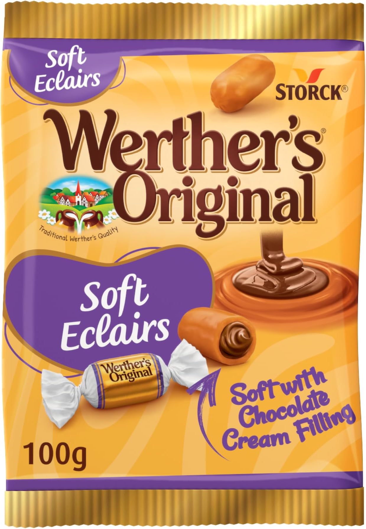 Werther’s Original Soft Eclairs Candies 100 g – Soft Creamy Caramel Toffees with Chocolate Cream Filling – German Premium Confectionery