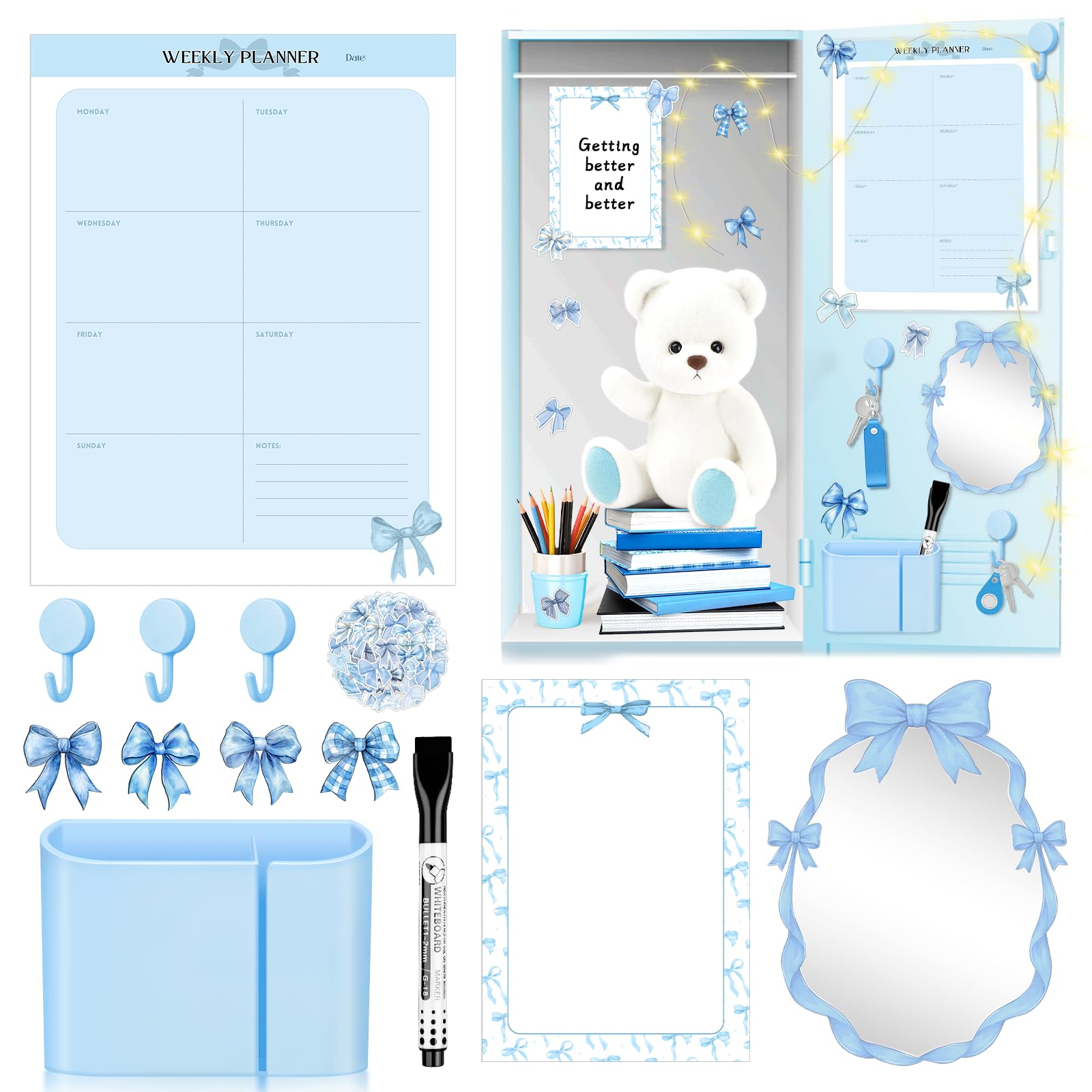 Gosodeny 15 Pieces Blue Bow Locker Accessories Kit with Blue Bow Magnetic Coquette Mirror Bow Whiteboard Schedule Pen Holde Cute Locker Shelf for School Locker Back to School Essentials
